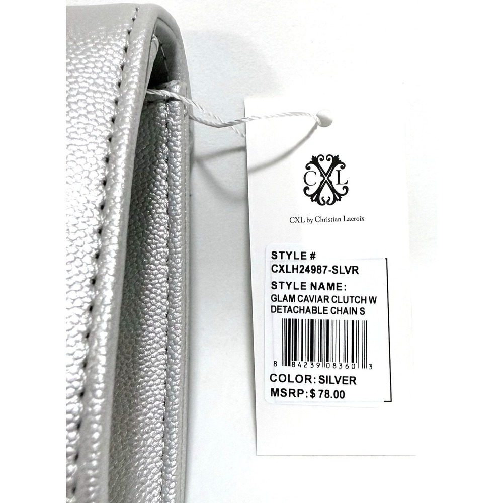 CXL By Christian Lacroix Glam Caviar Clutch Silver With Detachable Chain Bag - Picture 10 of 11